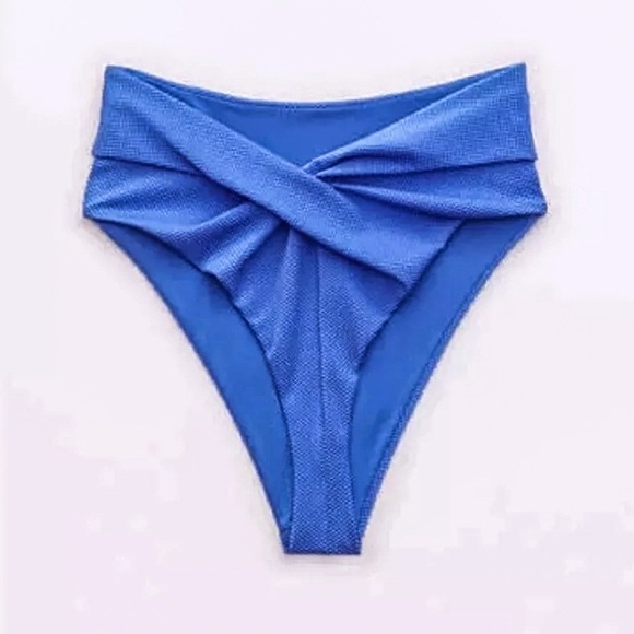 Aerie Textured Shine Crossover High Cut Cheeky Bikini Bottom Blue Size Small - Picture 1 of 4